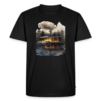 Cabane moderne éclairée par le feu sur le lac - T-shirt Premium bio Homme - noir - Devant - Nico (187cm)
