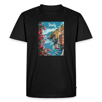 Italian Coastal Landscape with Flowers and - Men's Premium Organic T-Shirt - black - Front - Nico (187cm)