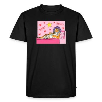 Salon Tigre Rose avec cœurs et bigoudis - T-shirt Premium bio Homme - noir - Devant - Nico (187cm)