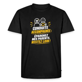 Conduite Accompagnée – Humour Débutant - T-shirt Premium bio Homme - noir - Devant - Nico (187cm)