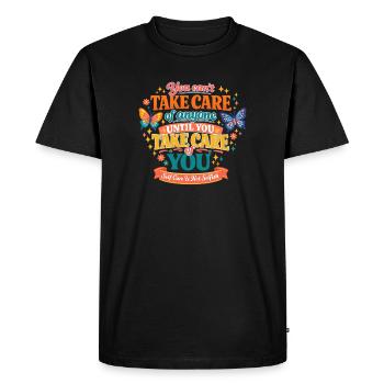 Prendre soin de soi d’abord – Message coloré : pleine conscience - T-shirt Premium bio Homme - noir - Devant - Nico (187cm)