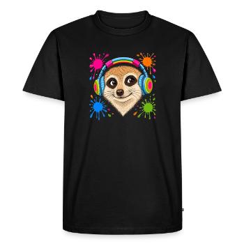 Suricate avec des écouteurs musicaux colorés - T-shirt Premium bio Homme - noir - Devant - Nico (187cm)