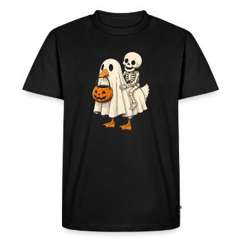 Fantôme avec squelette sur un panier de citrouilles d’Halloween - T-shirt Premium bio Homme - noir - Devant - Nico (187cm)