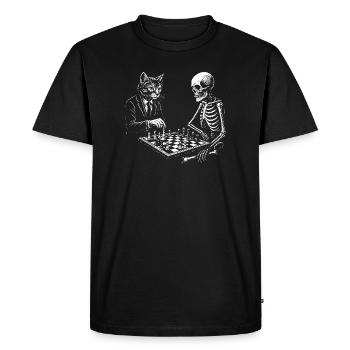 Le chat joue aux échecs avec un squelette - T-shirt Premium bio Homme - noir - Devant - Nico (187cm)
