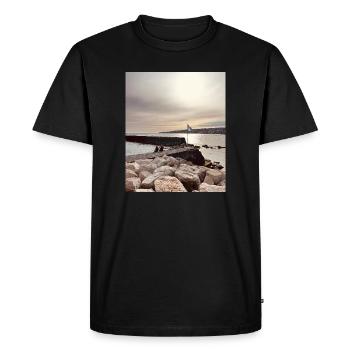 Coucher de soleil sur la jetée et les rochers - T-shirt Premium bio Homme - noir - Devant - Nico (187cm)