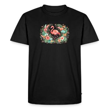 Flamant rose dans une couronne de fleurs tropicales - T-shirt Premium bio Homme - noir - Devant - Nico (187cm)