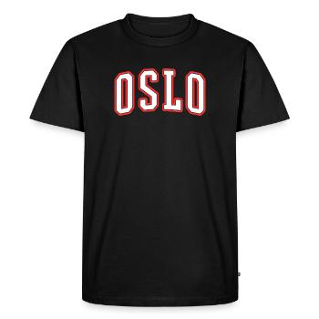 Oslo Varsity City Logo Print - Men's Premium Organic T-Shirt - black - Front - Nico (187cm)