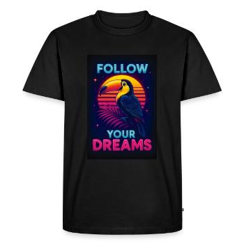 Follow Your Dreams – Exotic Neon Toucan in front of Son - Men's Premium Organic T-Shirt - black - Front - Nico (187cm)