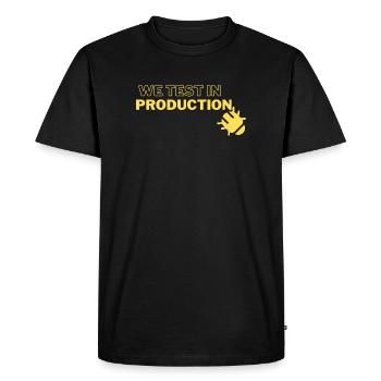 « We test in production » - running joke with coders - T-shirt Premium bio Homme - noir - Devant - Nico (187cm)