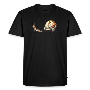 Snail with caravan – Slow Travel as art - Men's Premium Organic T-Shirt - black - Front - Nico (187cm)