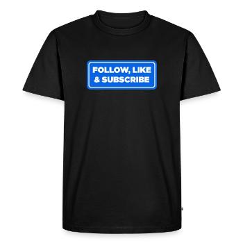 Follow, Like & Subscribe - blue label sign - Men's Premium Organic T-Shirt - black - Front - Nico (187cm)