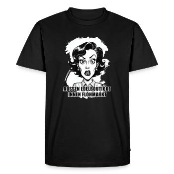 Boutique haut de gamme à l’extérieur, personnage de marché aux puces à l’intérieur - T-shirt Premium bio Homme - noir - Devant - Nico (187cm)