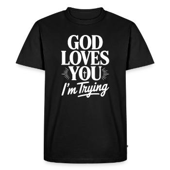 Dieu t’aime, j’essaie. - T-shirt Premium bio Homme - noir - Devant - Nico (187cm)