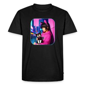 Jolie fille d’anime en rose avec des chats - T-shirt Premium bio Homme - noir - Devant - Nico (187cm)
