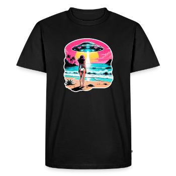 La fille de la plage regarde le coucher de soleil et un OVNI. - T-shirt Premium bio Homme - noir - Devant - Nico (187cm)