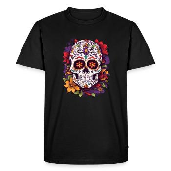 T-Shirt Tête de Mort Dia de Muertos Mexique Fleurs - T-shirt Premium bio Homme - noir - Devant - Nico (187cm)