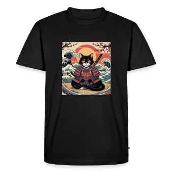 Samurai Cat with Sunset and Waves – Jap - Men's Premium Organic T-Shirt - black - Front - Nico (187cm)