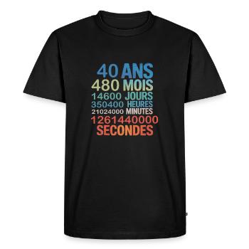 40 ans – 480 mois, 14600 jours... Secondes - T-shirt Premium bio Homme - noir - Devant - Nico (187cm)