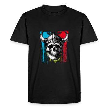 Skull with helmet and horns on splashes of paint - Men's Premium Organic T-Shirt - black - Front - Nico (187cm)