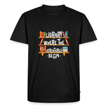 Bibliothèque Là où les aventures commencent - Coloré - T-shirt Premium bio Homme - noir - Devant - Nico (187cm)