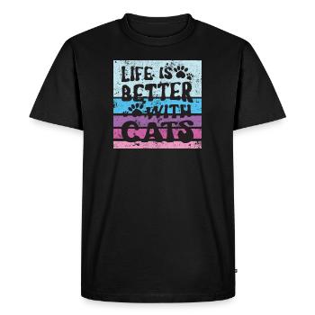 MIEUX VIVRE AVEC LES CHATS PUSSY MIEZ DICTONS MOTIFS - T-shirt Premium bio Homme - noir - Devant - Nico (187cm)