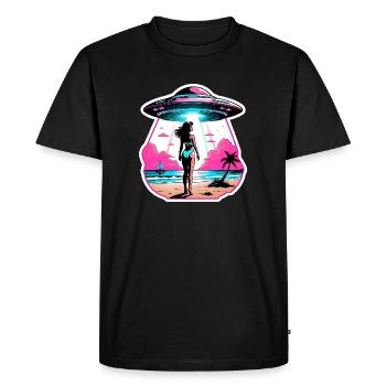 Une femme est emmenée dans un OVNI. Scène de plage. - T-shirt Premium bio Homme - noir - Devant - Nico (187cm)