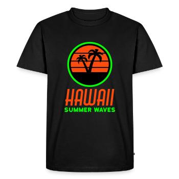 Hawaï, vagues d’été (cercle, soleil, palmiers) - T-shirt Premium bio Homme - noir - Devant - Nico (187cm)
