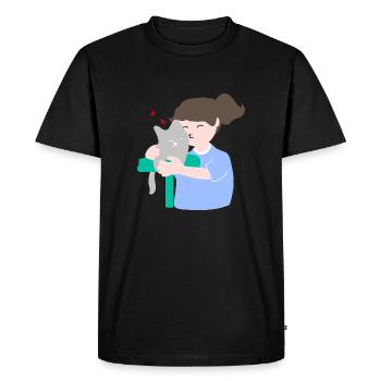 Femme embrassant son mignon chat - T-shirt Premium bio Homme - noir - Devant - Nico (187cm)