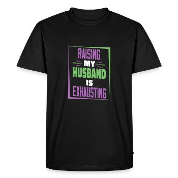 My husband's education is exhausting - Men's Premium Organic T-Shirt - black - Front - Nico (187cm)