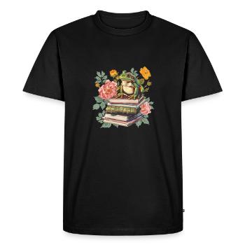 grenouille sur pile de livres avec des fleurs - T-shirt Premium bio Homme - noir - Devant - Nico (187cm)