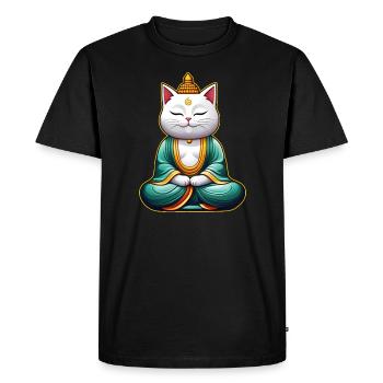 Mignon chat blanc en position de yoga de Bouddha - T-shirt Premium bio Homme - noir - Devant - Nico (187cm)