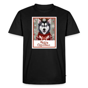 Husky dog in a Christmas reindeer sweater. - Men's Premium Organic T-Shirt - black - Front - Nico (187cm)