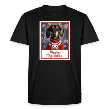 Teckel dans un pull de Noël rouge avec, bonhomme de neige - T-shirt Premium bio Homme - noir - Devant - Nico (187cm)