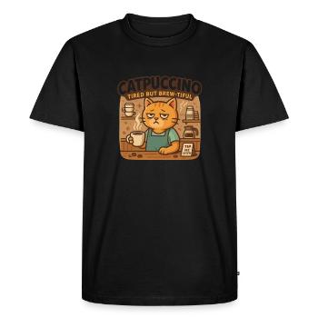 Catpuccino – Chat de café fatigué - T-shirt Premium bio Homme - noir - Devant - Nico (187cm)