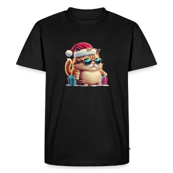 Cute Cat Santa Hat with Xmas Present - Men's Premium Organic T-Shirt - black - Front - Nico (187cm)