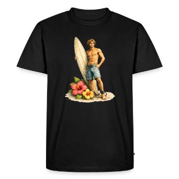 Surfeur avec planche sur une plage tropicale - T-shirt Premium bio Homme - noir - Devant - Nico (187cm)