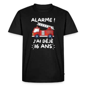 Alarme J’ai Déjà 16 Ans, Anniversaire Pompier - T-shirt Premium bio Homme - noir - Devant - Nico (187cm)