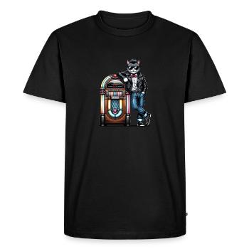 Rockabilly Cat debout devant un juke-box des années 80. - T-shirt Premium bio Homme - noir - Devant - Nico (187cm)