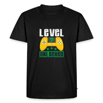 Level 7 reached - Men's Premium Organic T-Shirt - black - Front - Nico (187cm)