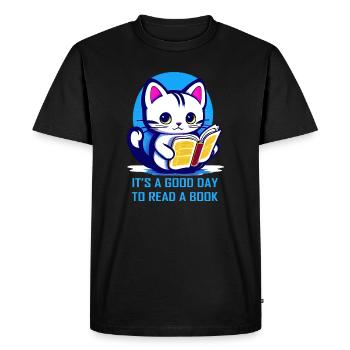 Chaton c’est une bonne journée pour lire un livre - T-shirt Premium bio Homme - noir - Devant - Nico (187cm)