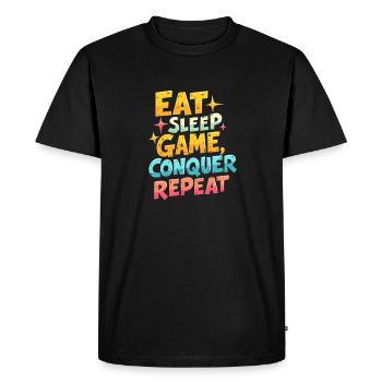 EAT, SLEEP, GAME, CONQUER, REPEAT - Men's Premium Organic T-Shirt - black - Front - Nico (187cm)