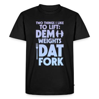 Deux choses que j’aime soulever, les poids, la fourche 4 - T-shirt Premium bio Homme - noir - Devant - Nico (187cm)
