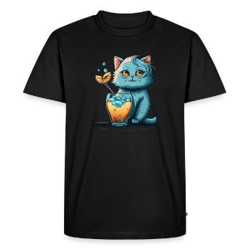 La mascotte de chat mignon boit un cocktail - T-shirt Premium bio Homme - noir - Devant - Nico (187cm)