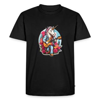 Licorne jouant de la guitare dans une prairie fleurie - T-shirt Premium bio Homme - noir - Devant - Nico (187cm)