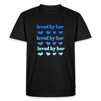 Loved by her with blue hearts - Men's Premium Organic T-Shirt - black - Front - Nico (187cm)