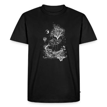 Éléphant, papier et arbre surréaliste - T-shirt Premium bio Homme - noir - Devant - Nico (187cm)