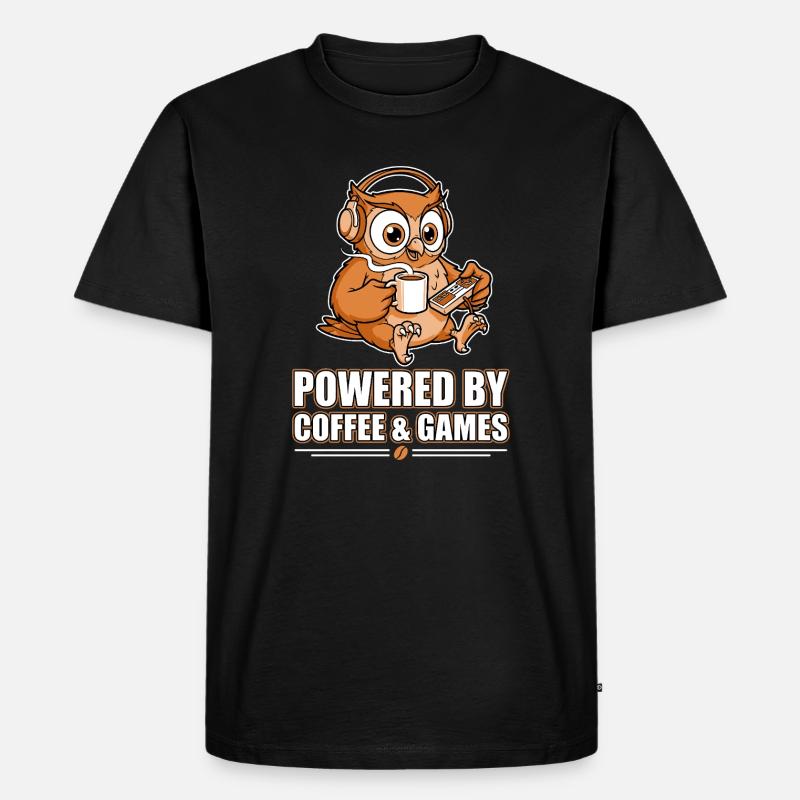 Eule mit Kaffee und Games - Männer Premium Bio T-Shirt - Schwarz