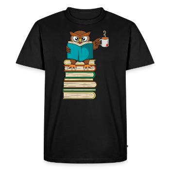 Livre drôle de hibou lisant et buvant du thé - T-shirt Premium bio Homme - noir - Devant - Nico (187cm)