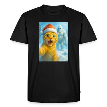 chat, chapeau de Père Noël, Yéti, Noël, neige, mème, selfi - T-shirt Premium bio Homme - noir - Devant - Nico (187cm)