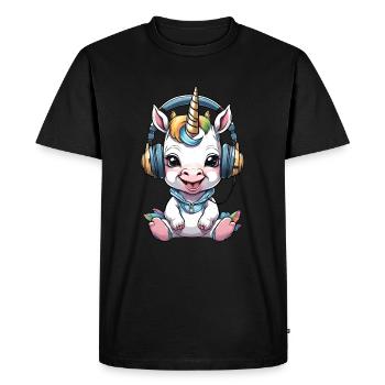 Bébé licorne avec écouteurs - T-shirt Premium bio Homme - noir - Devant - Nico (187cm)